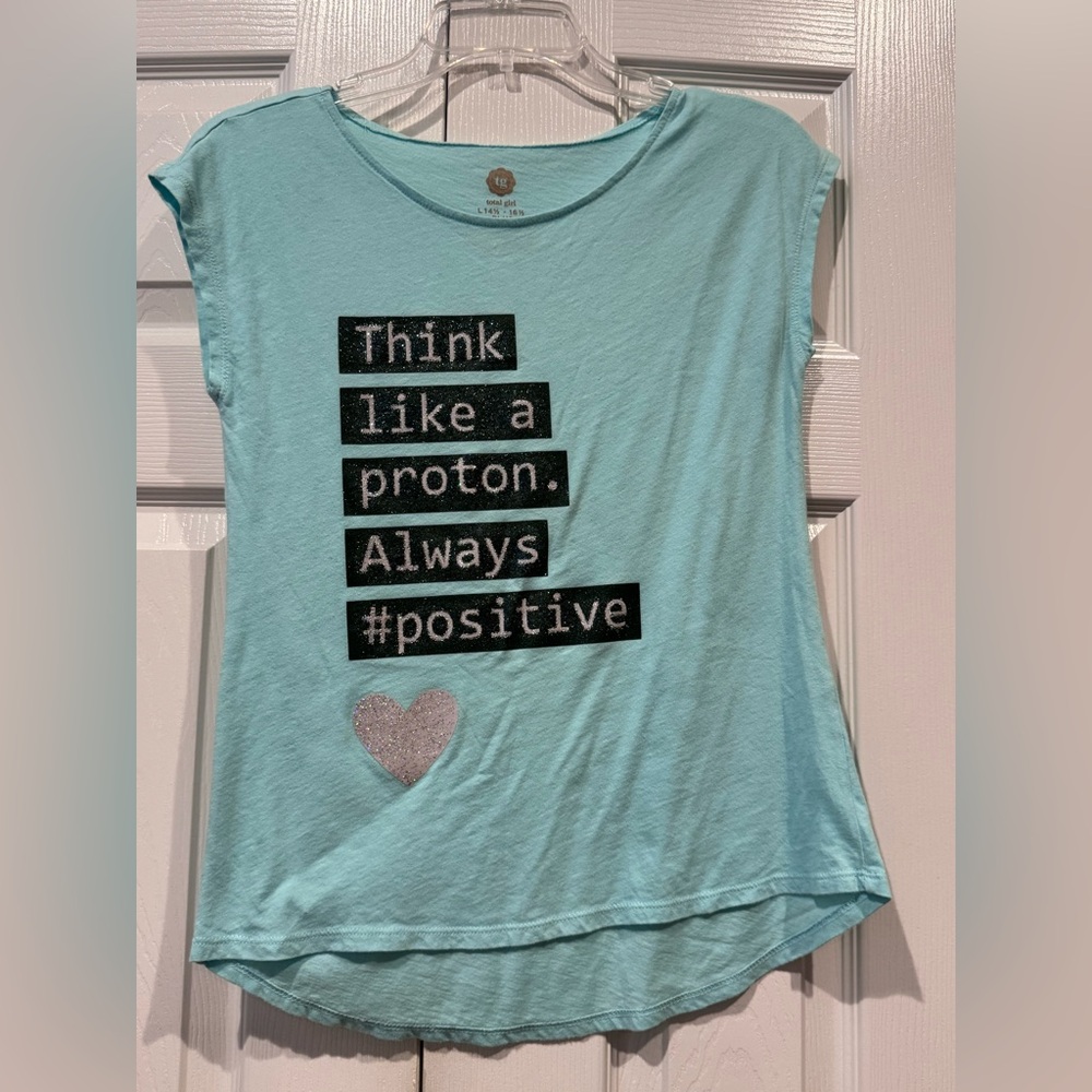 Total Girl Aqua Graphic Tee with Positive Message, EUC, SZ L, plus